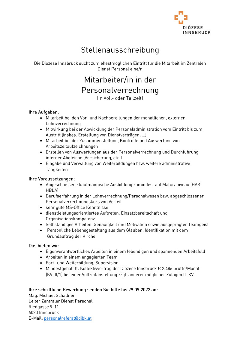Mitarbeiter/in in der Personalverrechnung in Voll- oder Teilzeit