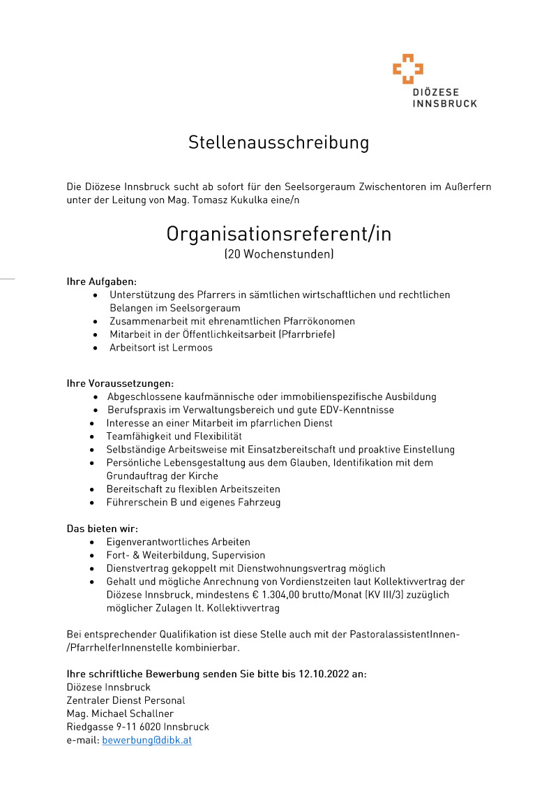 Organisationsreferent/in - 20 Wochenstunden