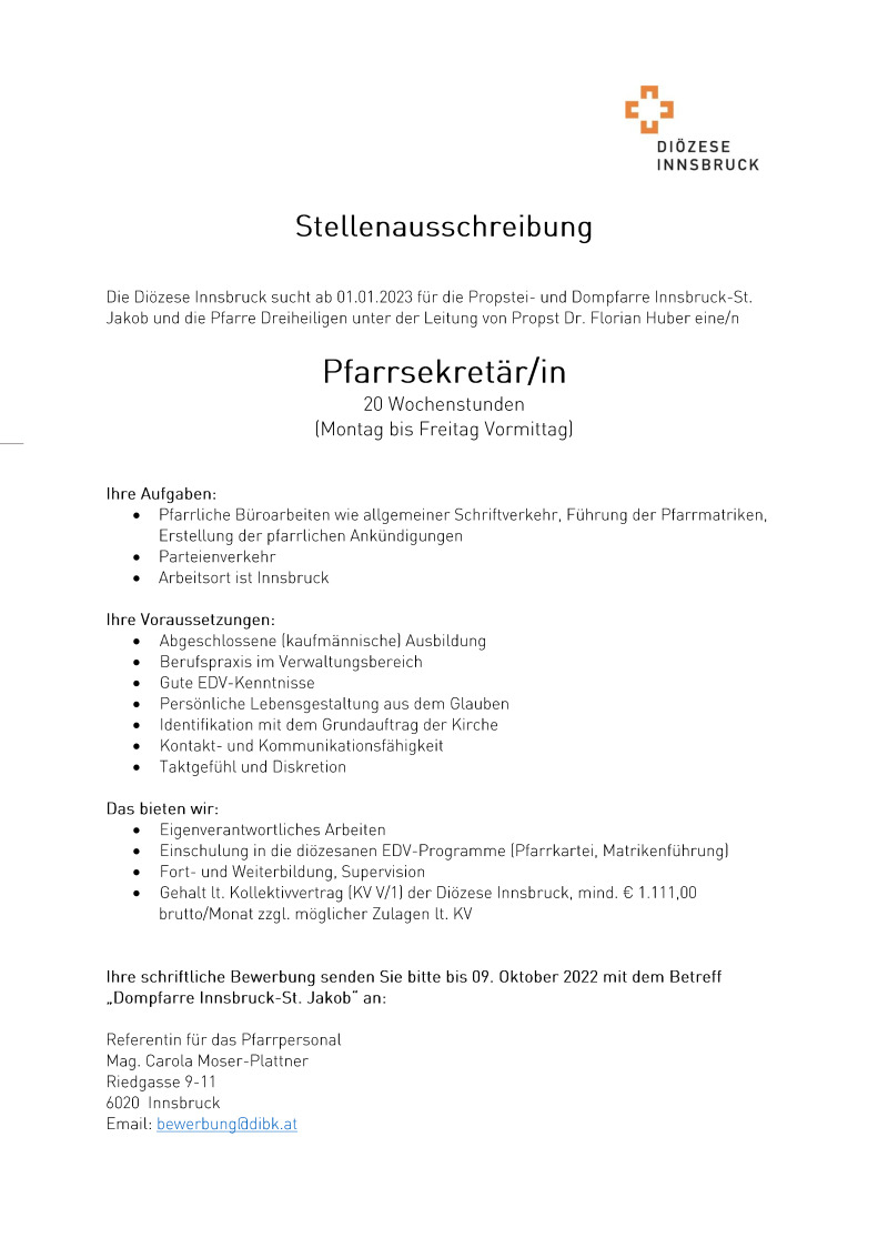 Pfarrsekretär/in - 20 Wochenstunden