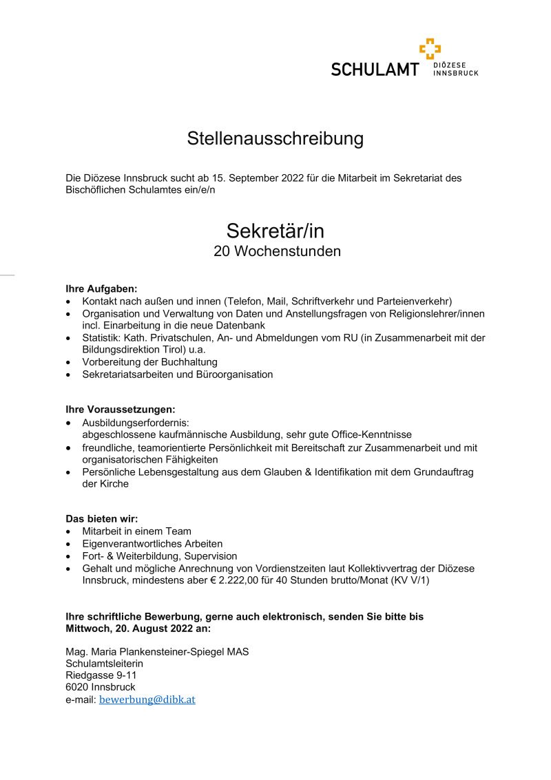 Sekretär/in - 20 Wochenstunden
