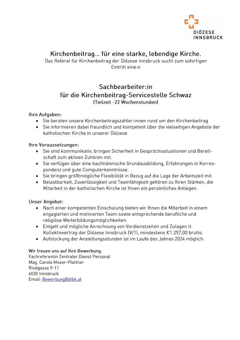 Sachbearbeiter/in für die Kirchenbeitrag-Servicestelle Schwaz (22 Wochenstunden)