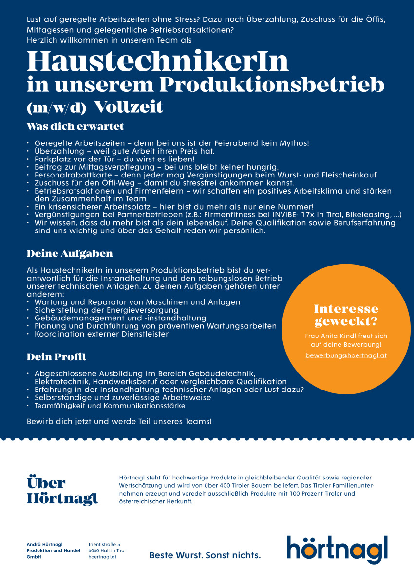 HaustechnikerIn in unserem Produktionsbetrieb (m/w/d) Vollzeit