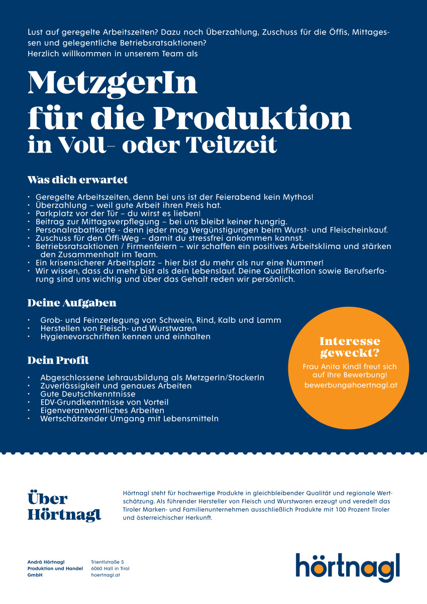 MetzgerIn für die Produktion in Voll- oder Teilzeit