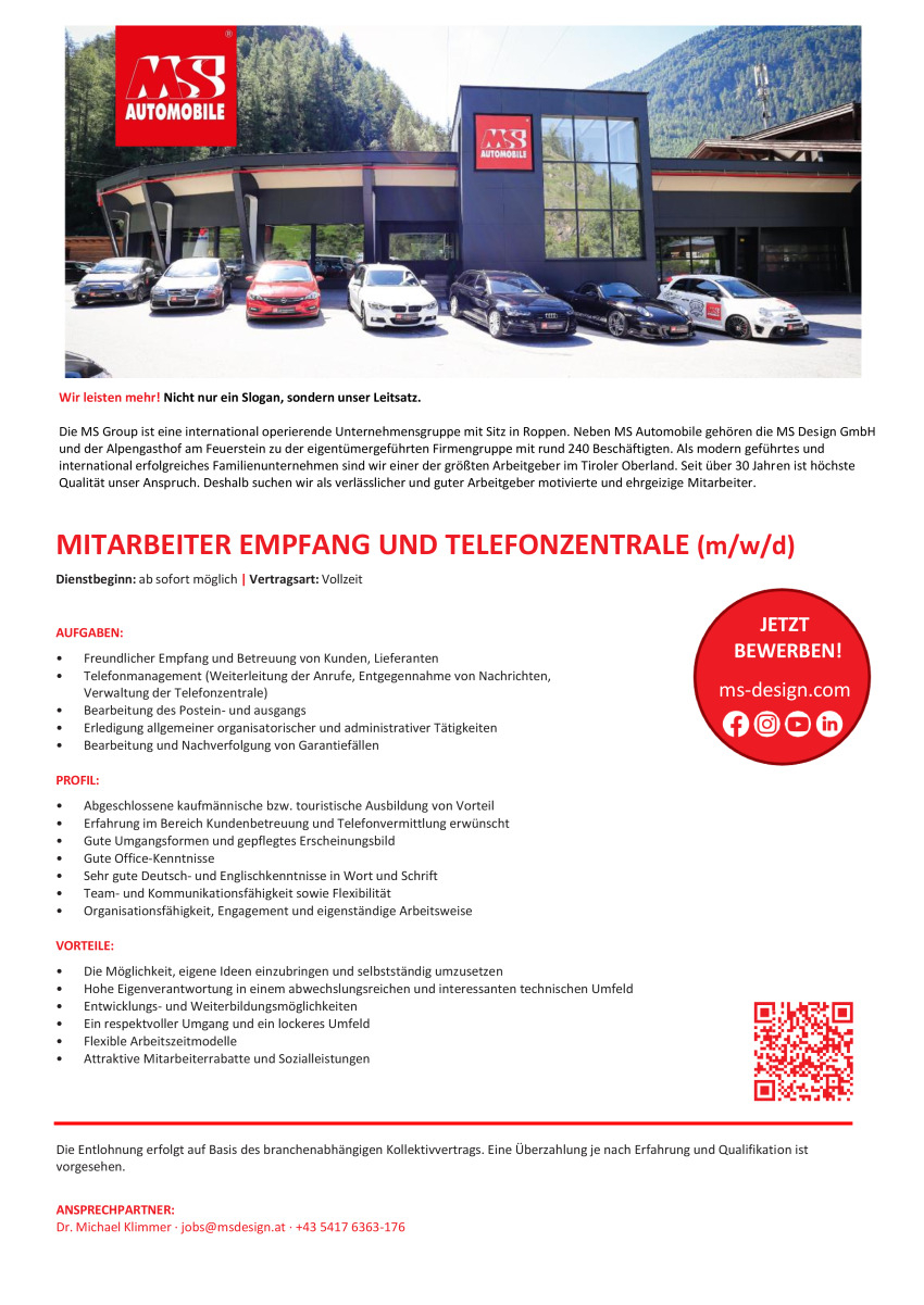Mitarbeiter Empfang und Telefonzentrale (m/w/d) - Standort Roppen