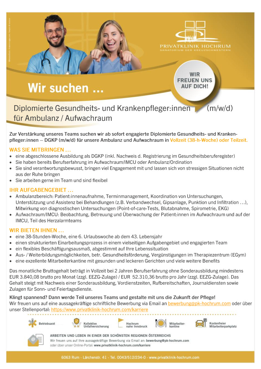 Diplomierte Gesundheits- und Krankenpfleger:innen für Ambulanz / Aufwachraum (m/w/d)