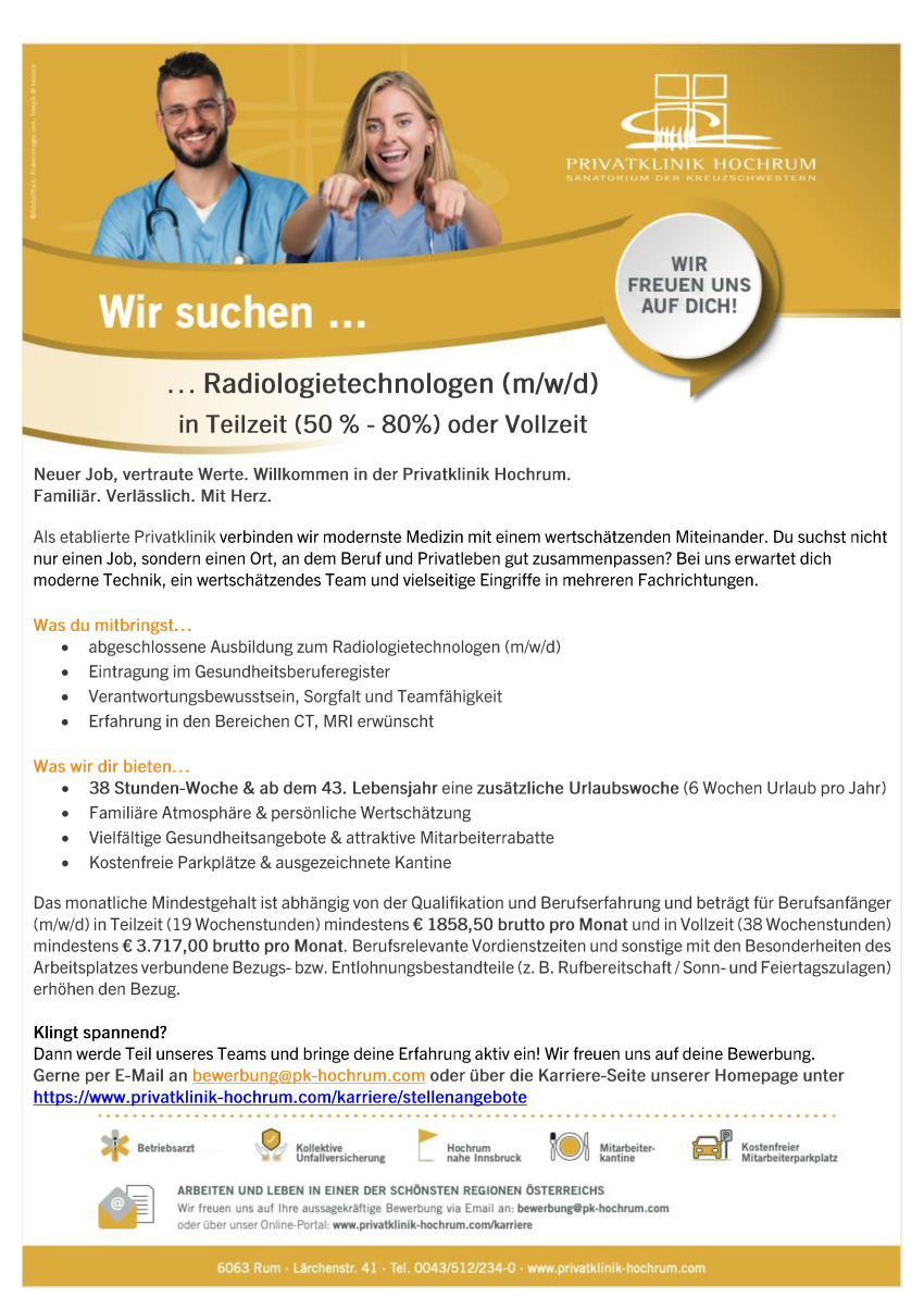 Radiologietechnologen - RT (m/w/d) in Teilzeit oder Vollzeit