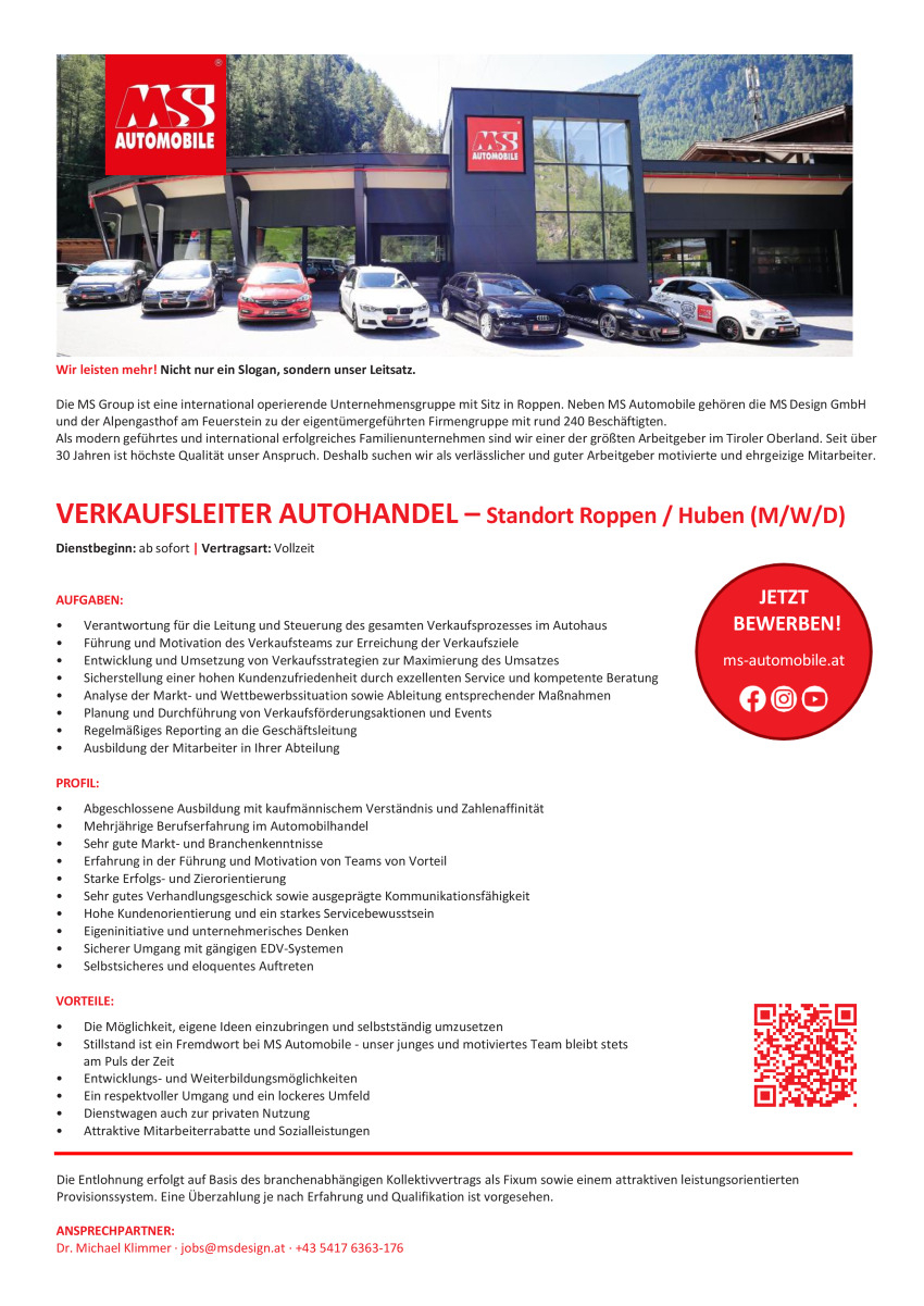Verkaufsleiter Autohandel - Standort Roppen / Huben (m/w/d)