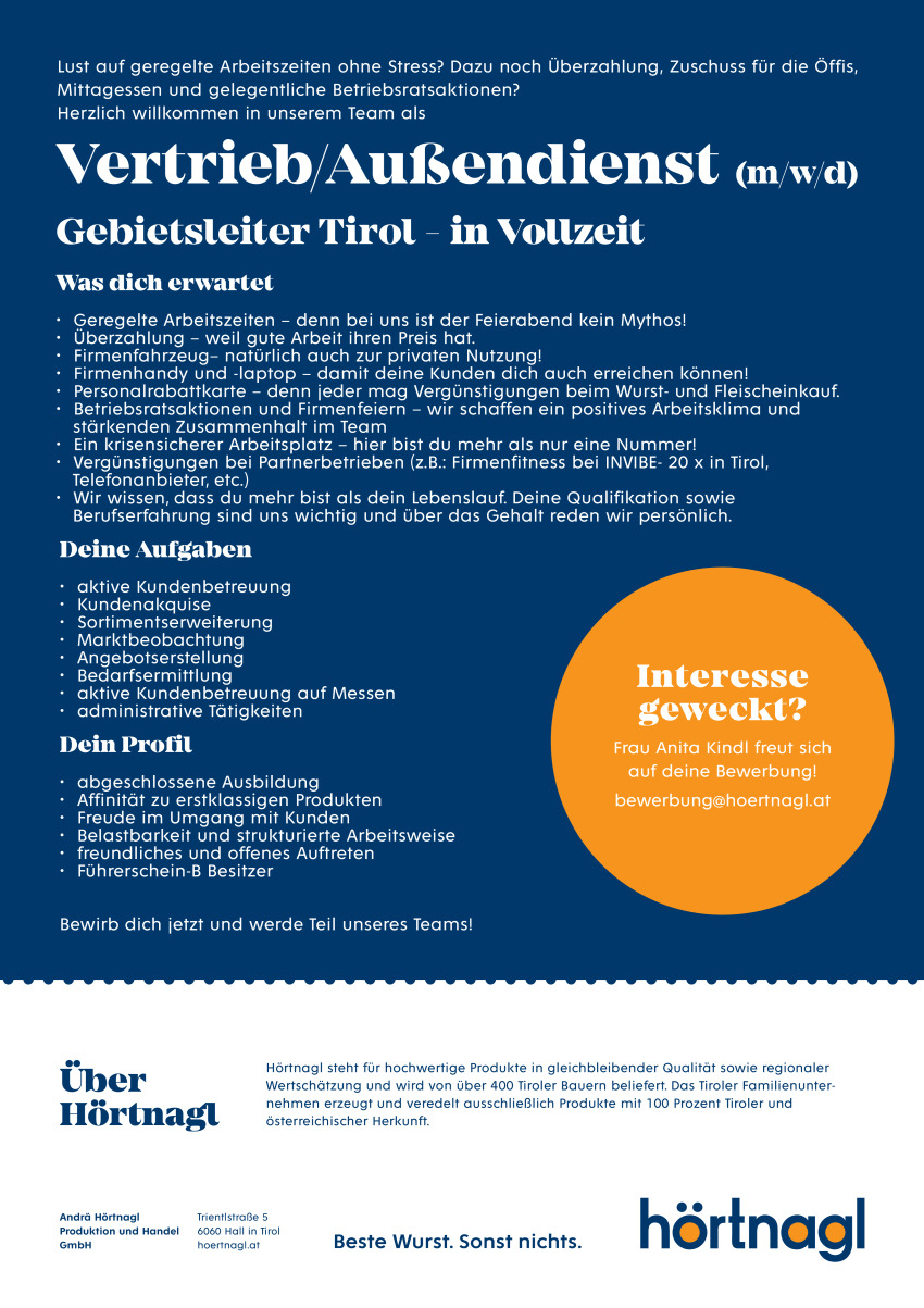 Vertrieb/Außendienst, Gebietsleiter Tirol (m/w/d)
