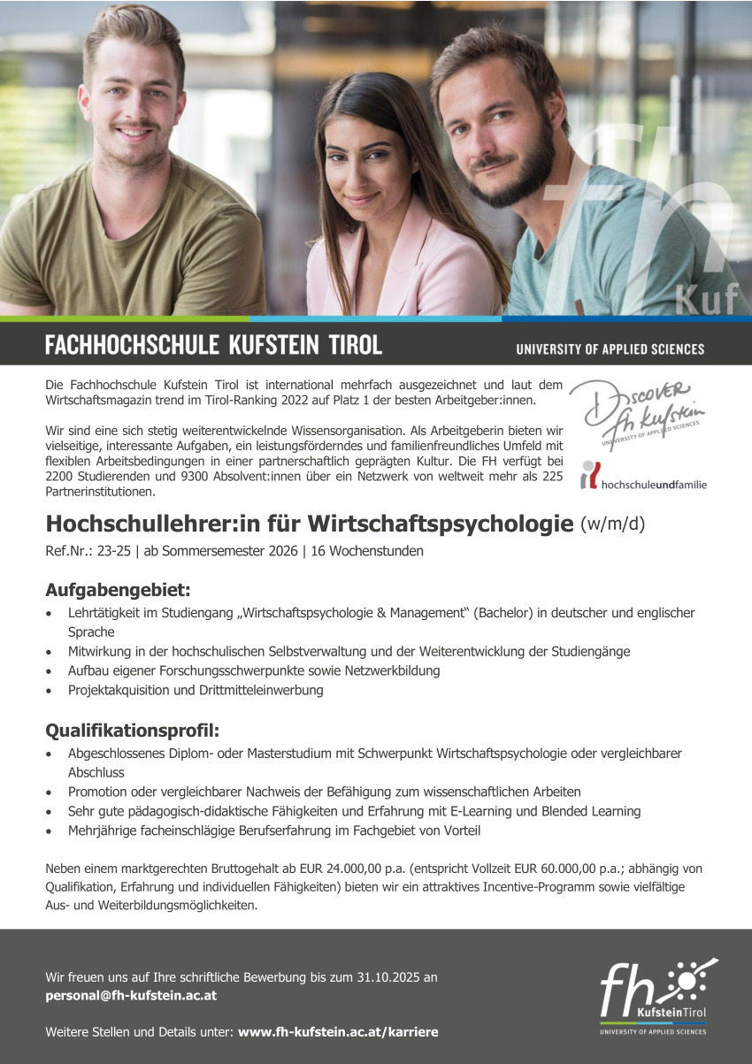 Hochschullehrer:in für Wirtschaftspsychologie (w/m/d)