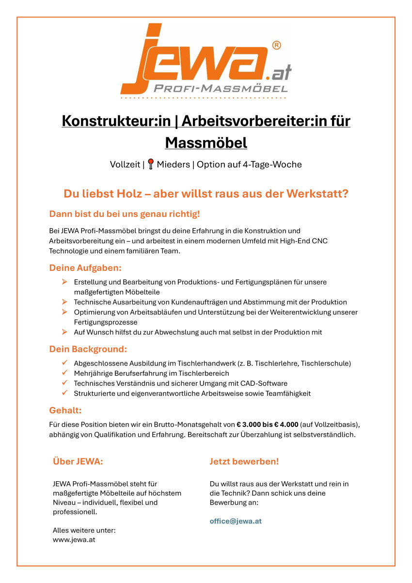 Konstrukteur:in | Arbeitsvorbereiter:in für Massmöbel