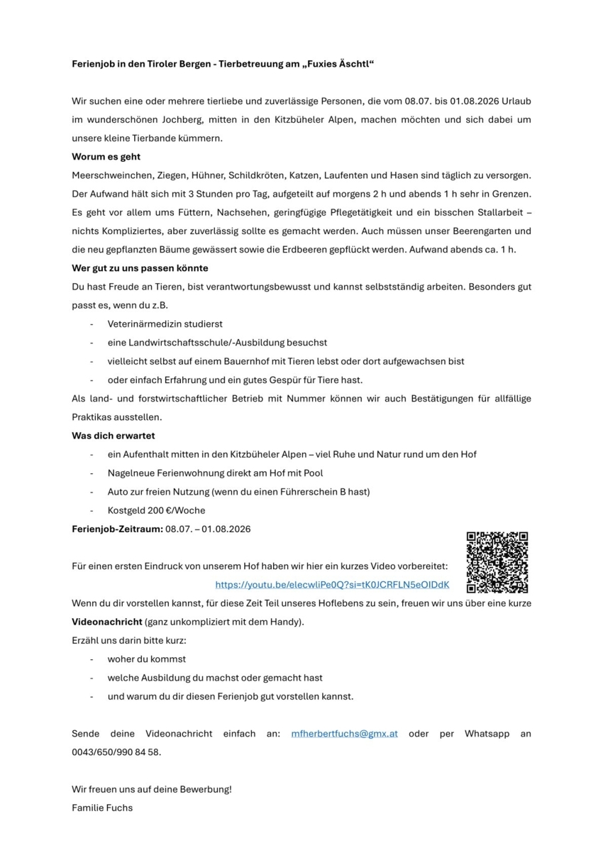 Ferienjob Tierbetreuung