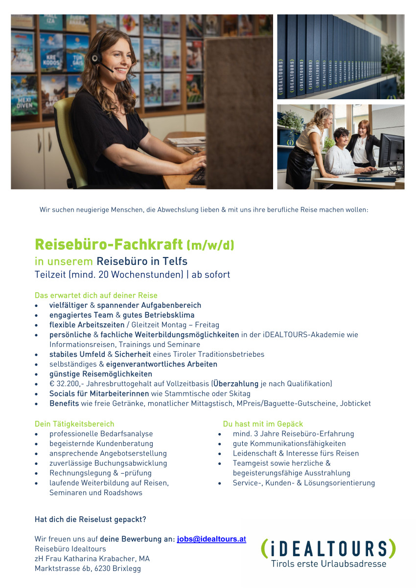 Reisebüro-Fachkraft (m/w/d): Reisebüro iDEALTOURS Telfs