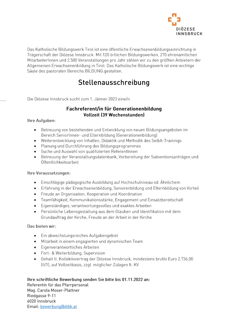 Fachreferent/in für Generationenbildung Vollzeit (39 Wochenstunden)