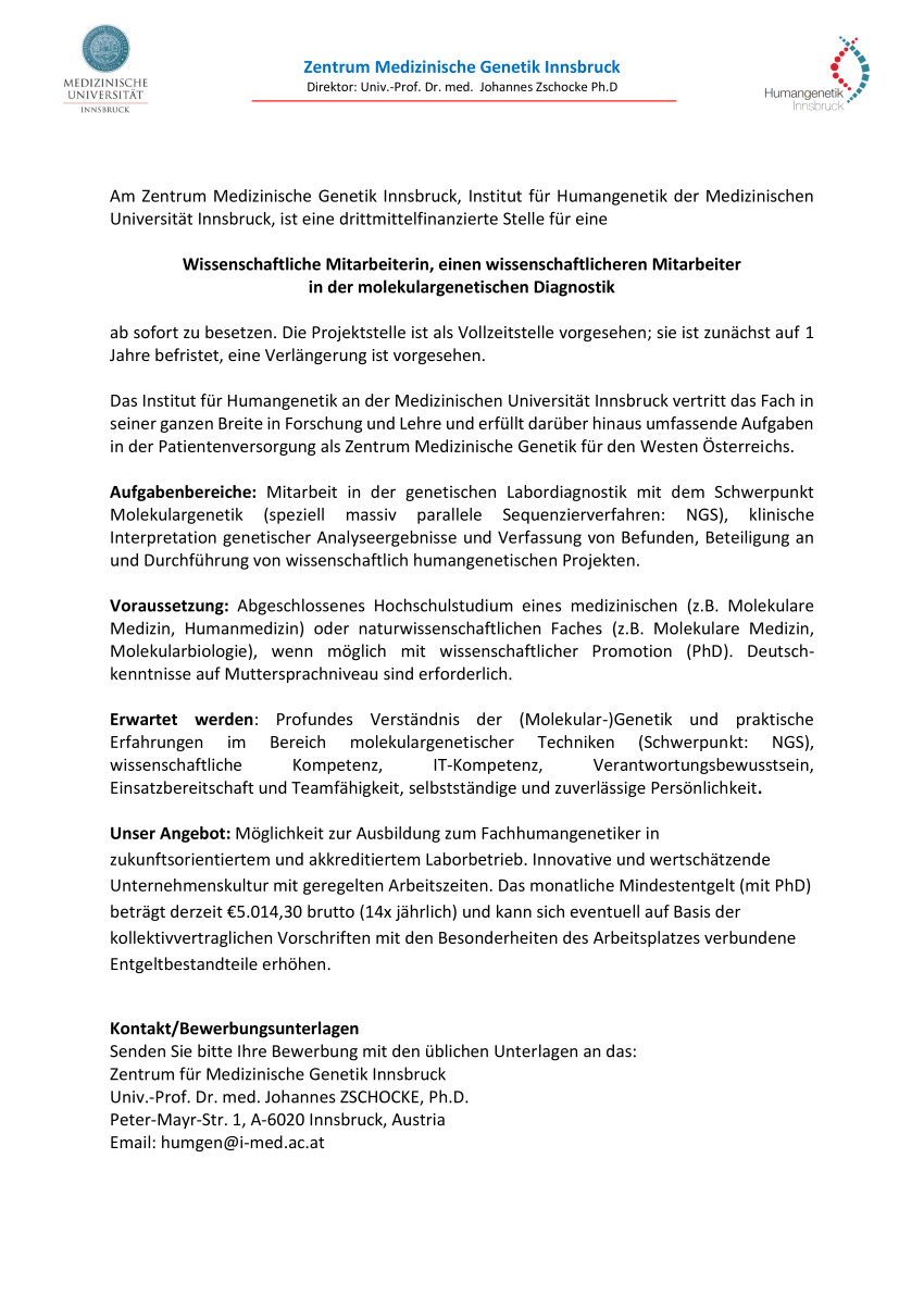 Wissenschaftliche/r Mitarbeiter/in in der molekulargenetischen Diagnostik