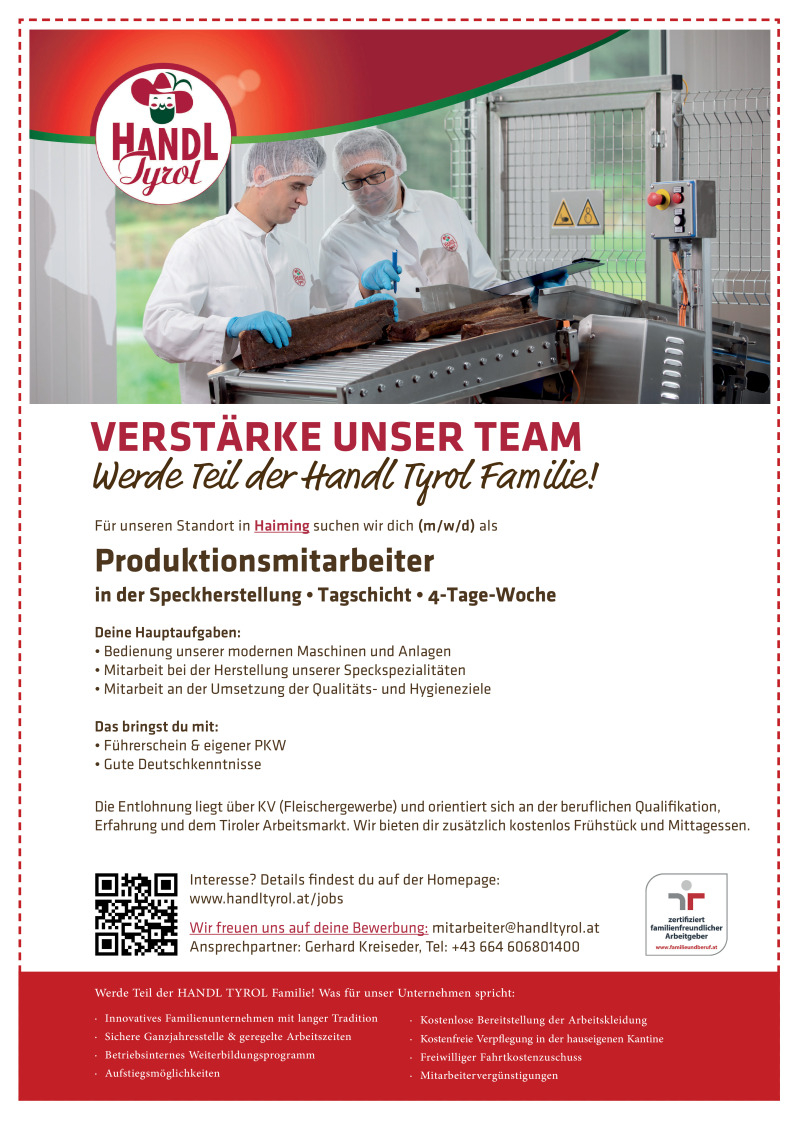 Produktionsmitarbeiter (m/w/d) in der Speckherstellung