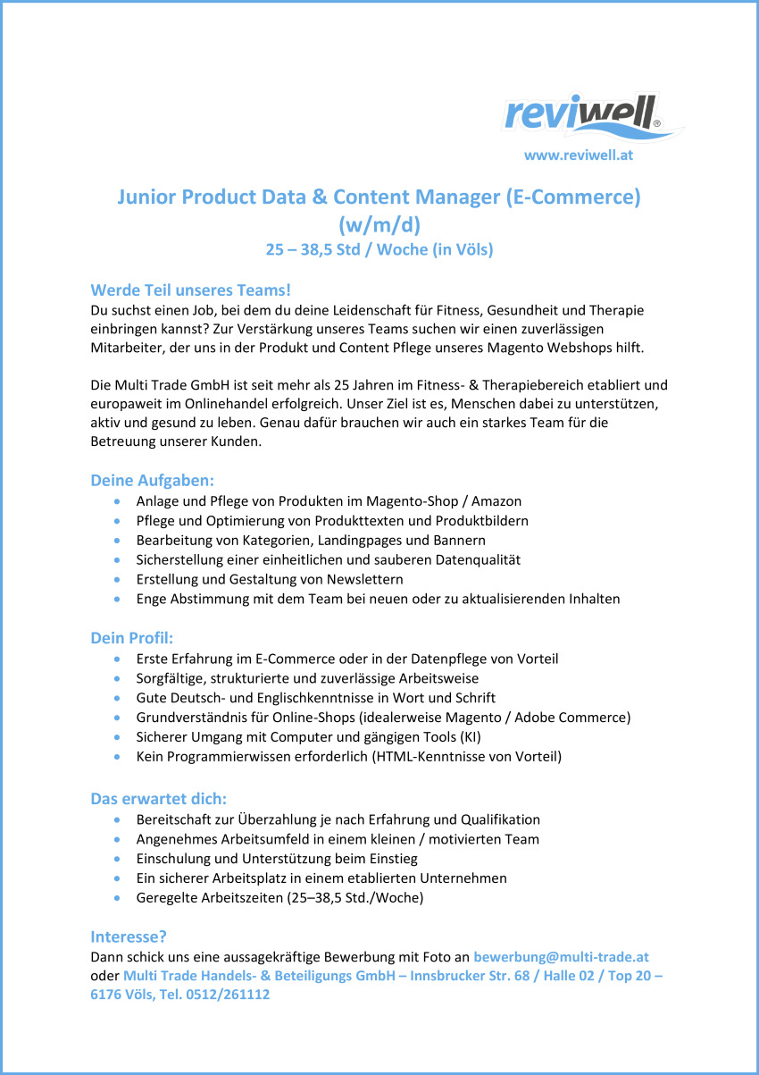 Junior Product Data & Content Manager (E-Commerce) (w/m/d)