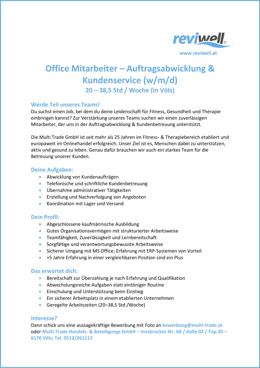 Office Mitarbeiter – Auftragsabwicklung & Kundenservice (w/m/d)
