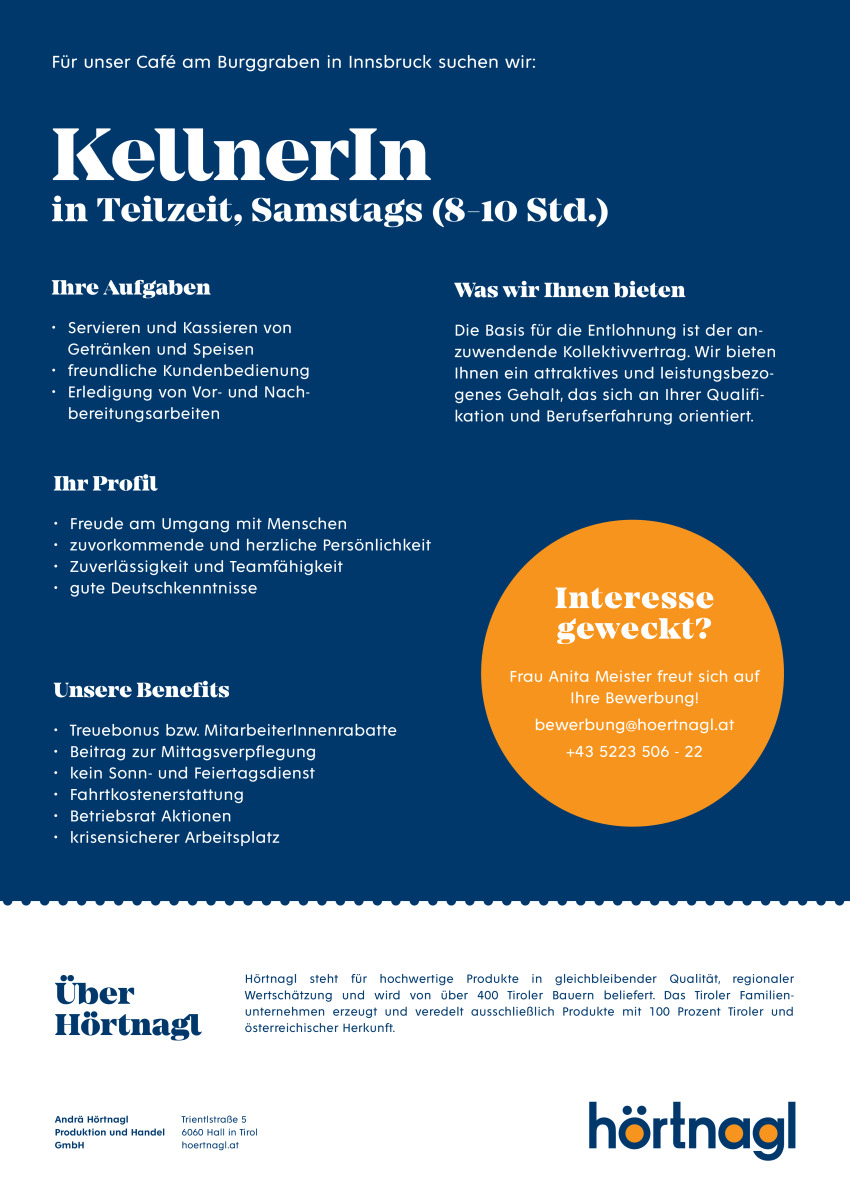 KellnerIn in Teilzeit, Samstags (8-10 Std.)