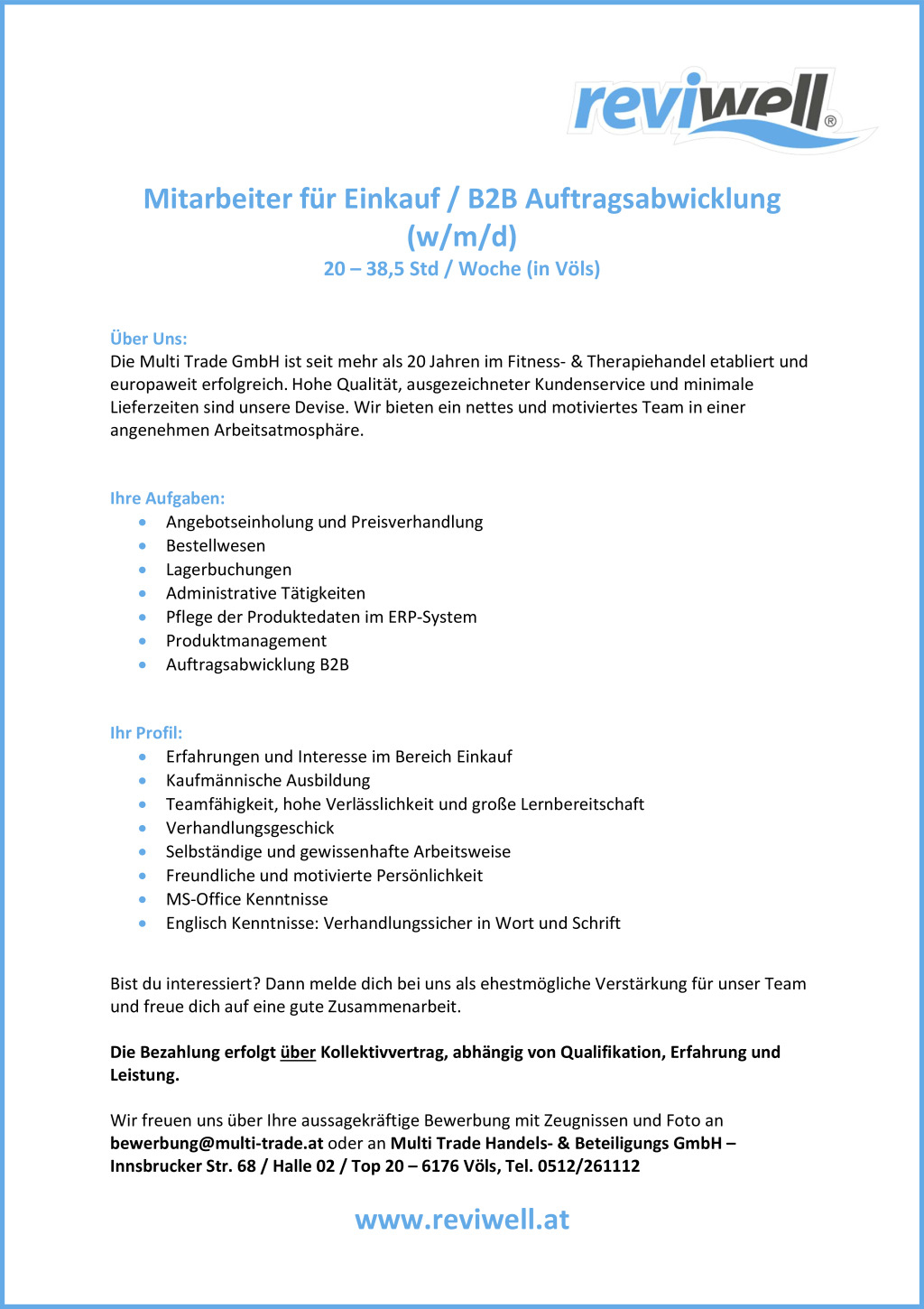 Mitarbeiter für Einkauf / B2B Auftragsabwicklung (w/m/d)