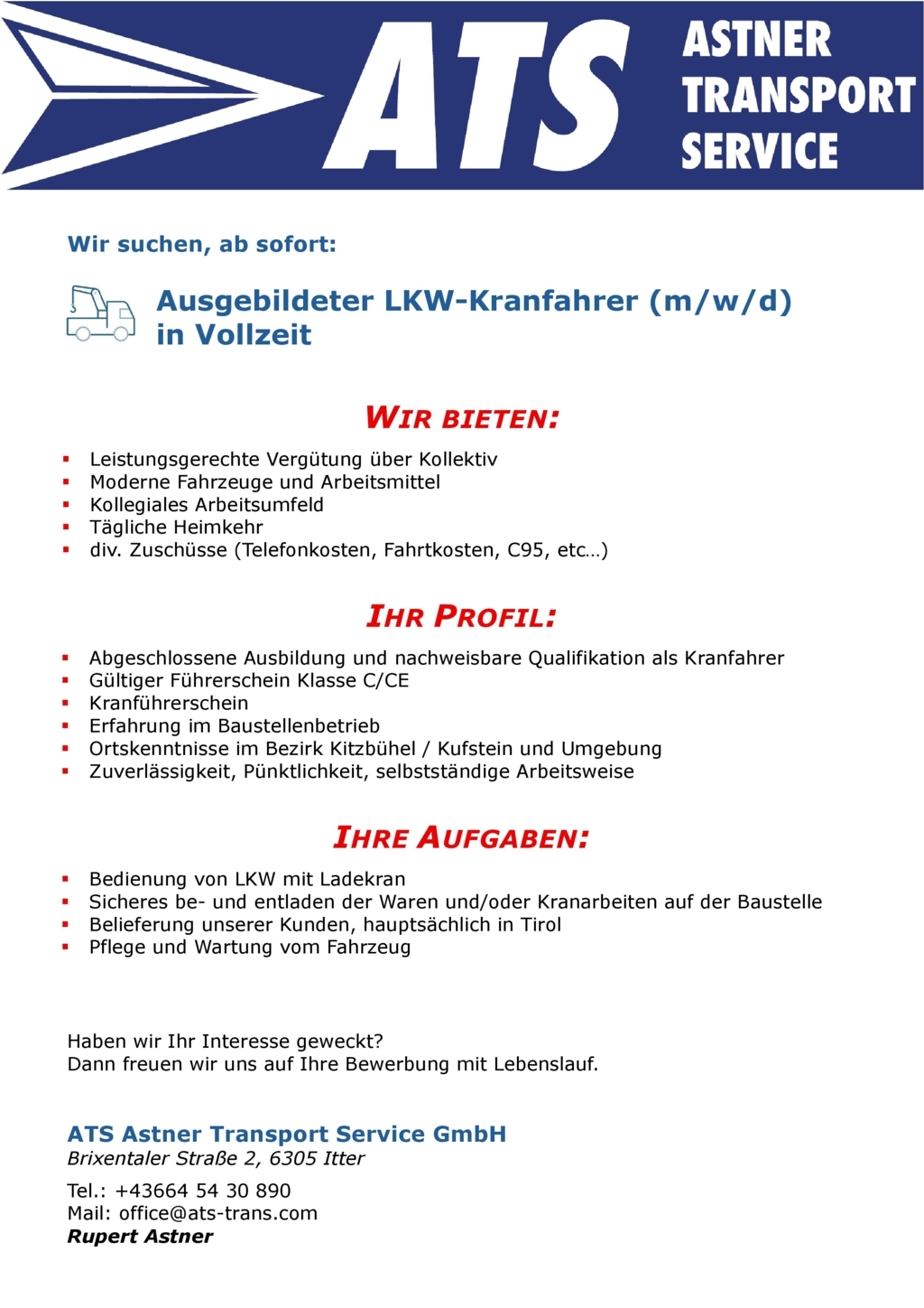 Ausgebildeter LKW Kranfahrer - (m/w/d) in Vollzeit