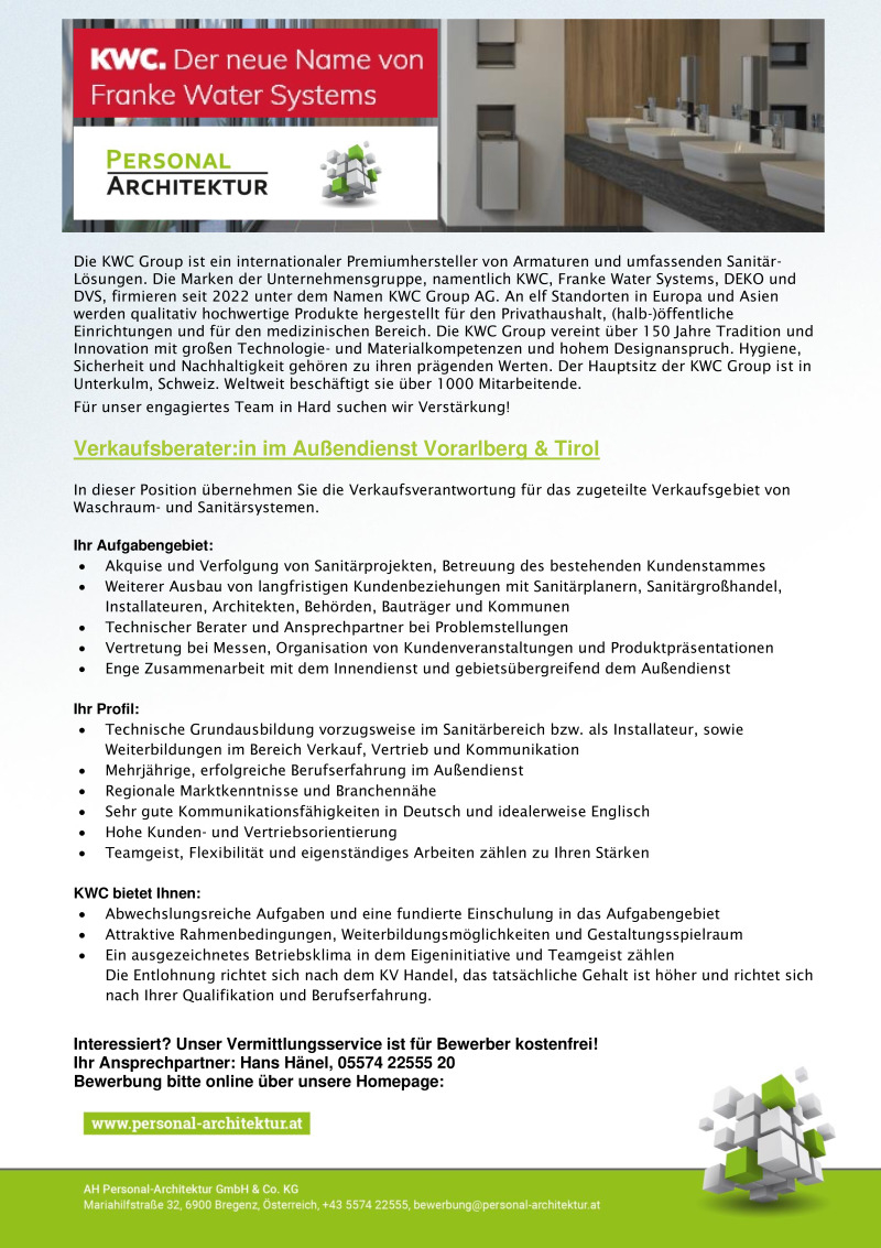 Verkaufsberater:in im Außendienst (Vorarlberg und Tirol)