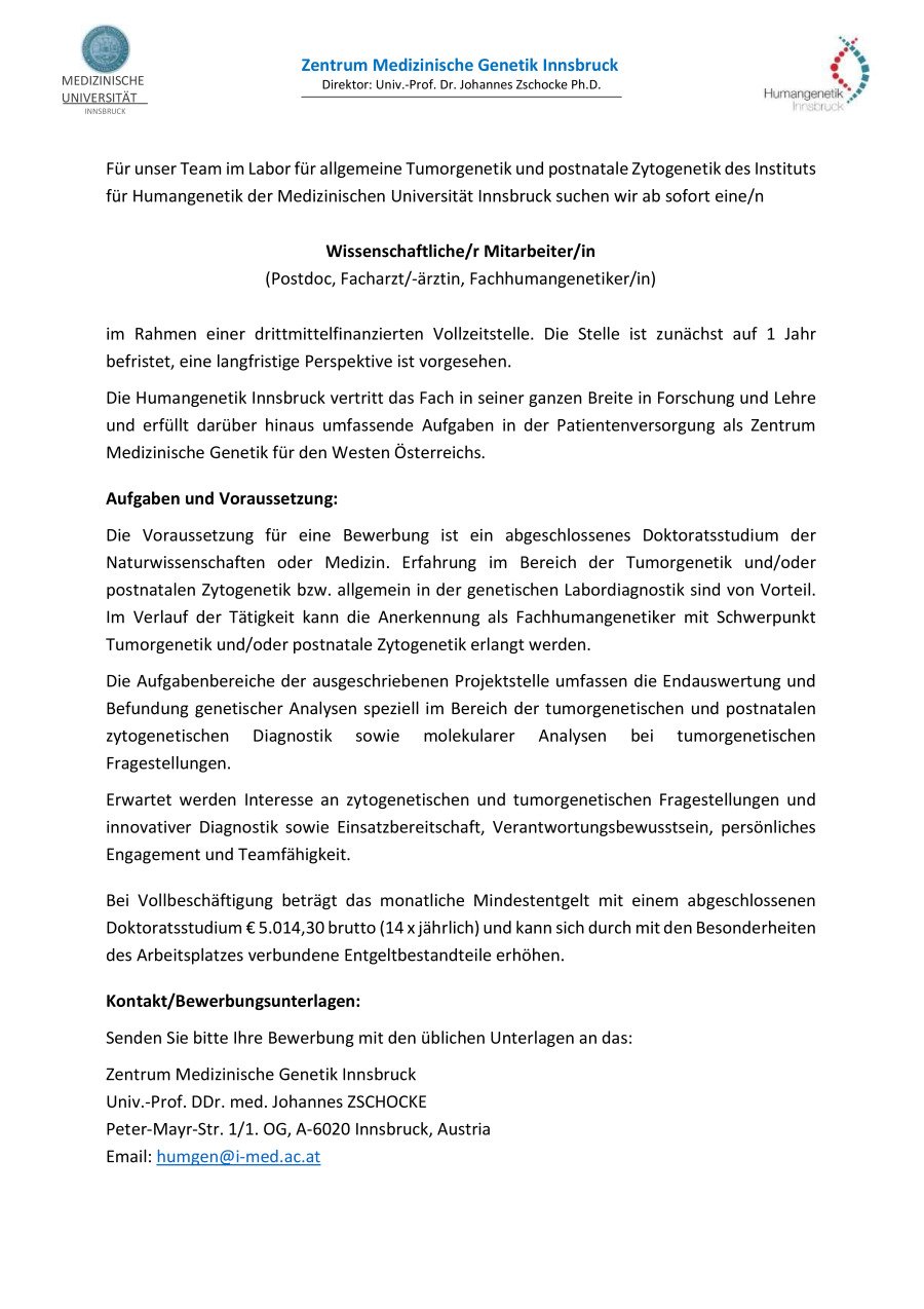Wirtschaftliche Projektleitung (m/w/d) für Routineprojekt „Medizinische Genetik“