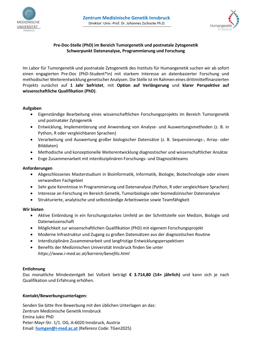 Pre-Doc-Stelle (PhD) im Bereich Tumorgenetik und postnatale Zytogenetik Schwerpunkt Datenanalyse, Programmierung und Forschung