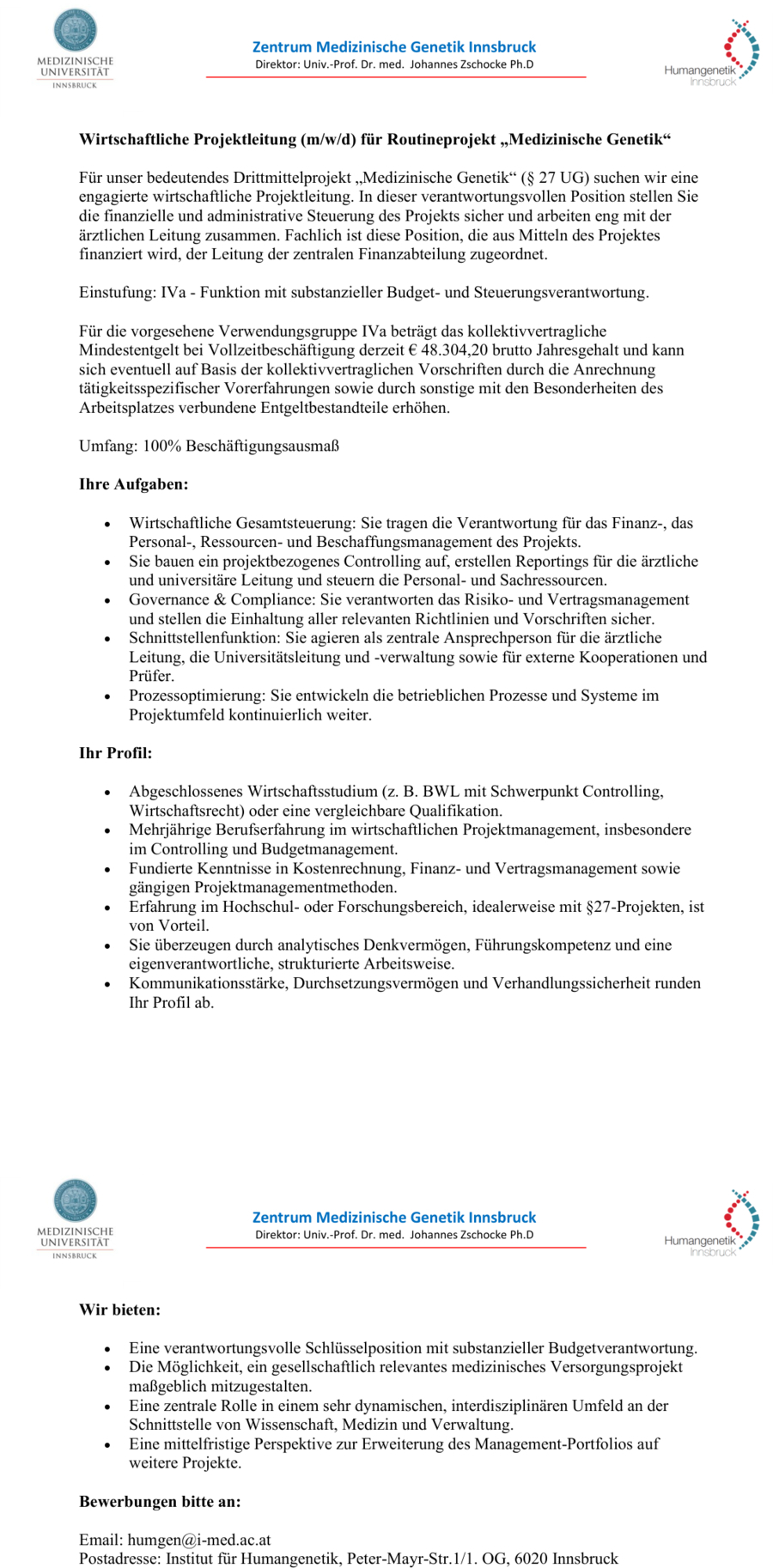 Wirtschaftliche Projektleitung (m/w/d) für Routineprojekt „Medizinische Genetik“