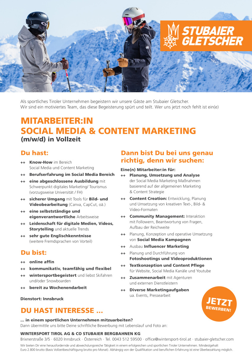 MITARBEITER:IN SOCIAL MEDIA & CONTENT MARKETING (m/w/d) in Vollzeit
